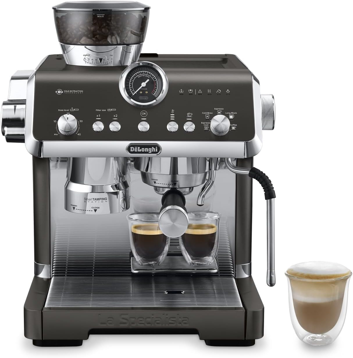 De'Longhi La Specialista Arte EC9155.MB portafilter espressomachine met molen, 8 maalstanden, 15 bar druk, 3 temperatuurstanden, melkopschuimer, 1550W, 1,7L tank, RVS/zwart, inclusief barista kit