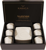 KARACA Nazende porseleinen espressokopjesset - 80 ml Turkse koffiekopjes met schotels, 12-delig modern koffieservies met 6 koffiekopjes en 6 schotels, mokkakopjes - wit