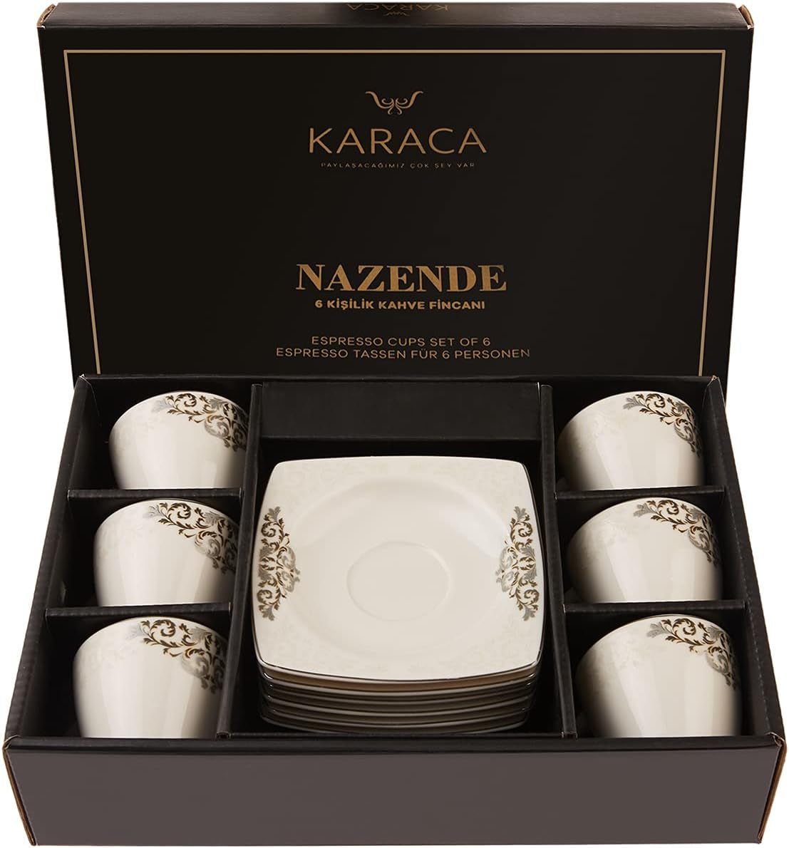KARACA Nazende porseleinen espressokopjesset - 80 ml Turkse koffiekopjes met schotels, 12-delig modern koffieservies met 6 koffiekopjes en 6 schotels, mokkakopjes - wit