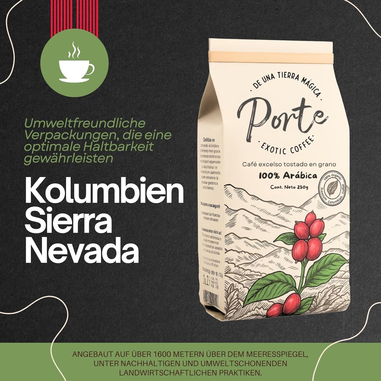 Spezialitätenkaffee Bohnen 100% Arabica Natuurlijk Mittlere Röstung Gewaschener Prozess Zitrus Schokolade Karamell Schattenanbau Sierra Nevada (250 g, Castillo)