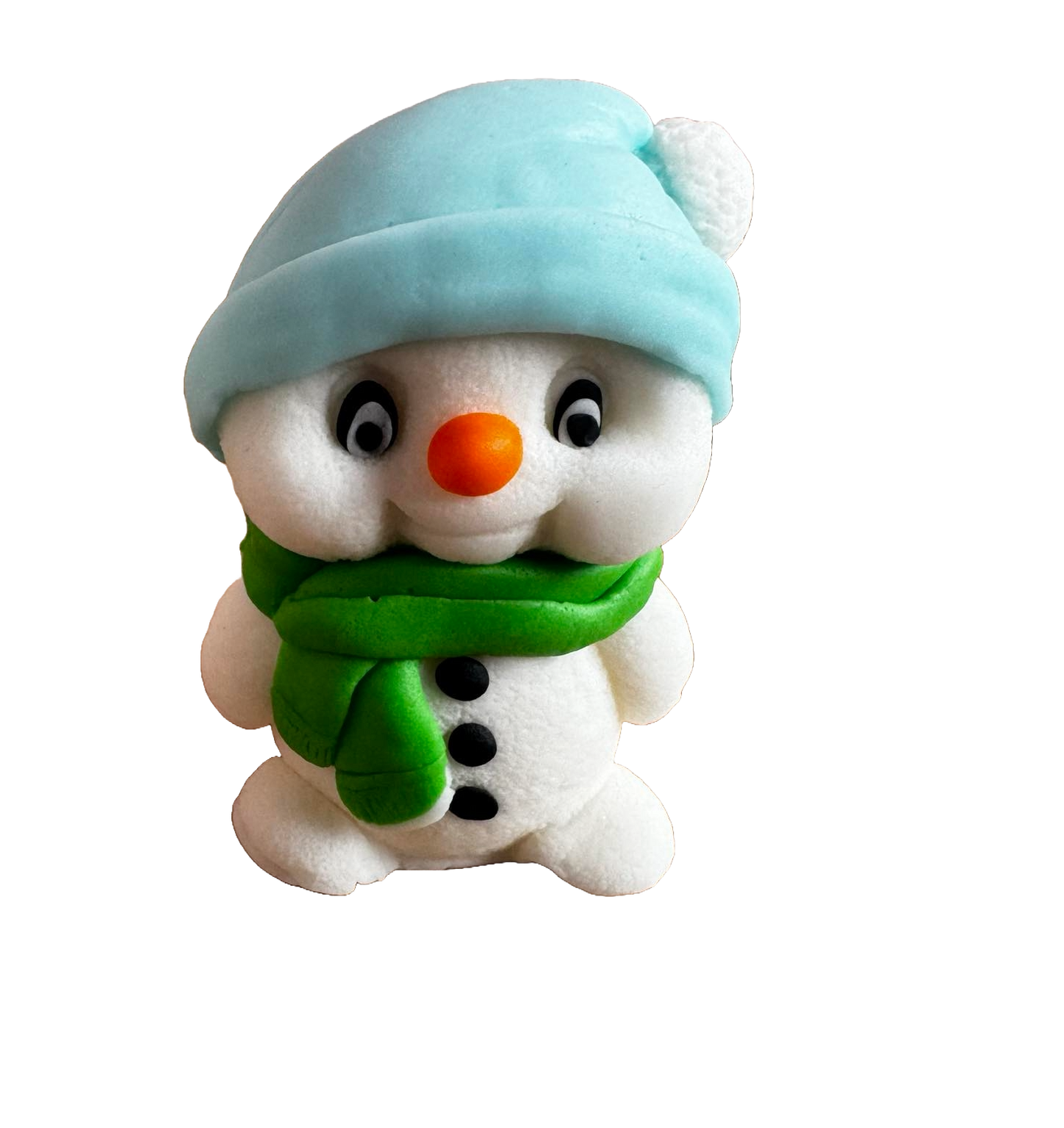 Eetbare decoratie van suikerpasta, Sneeuwpop met groene sjaal en blauwe hoed Decoraties van Sugar Paste Naty Shop
