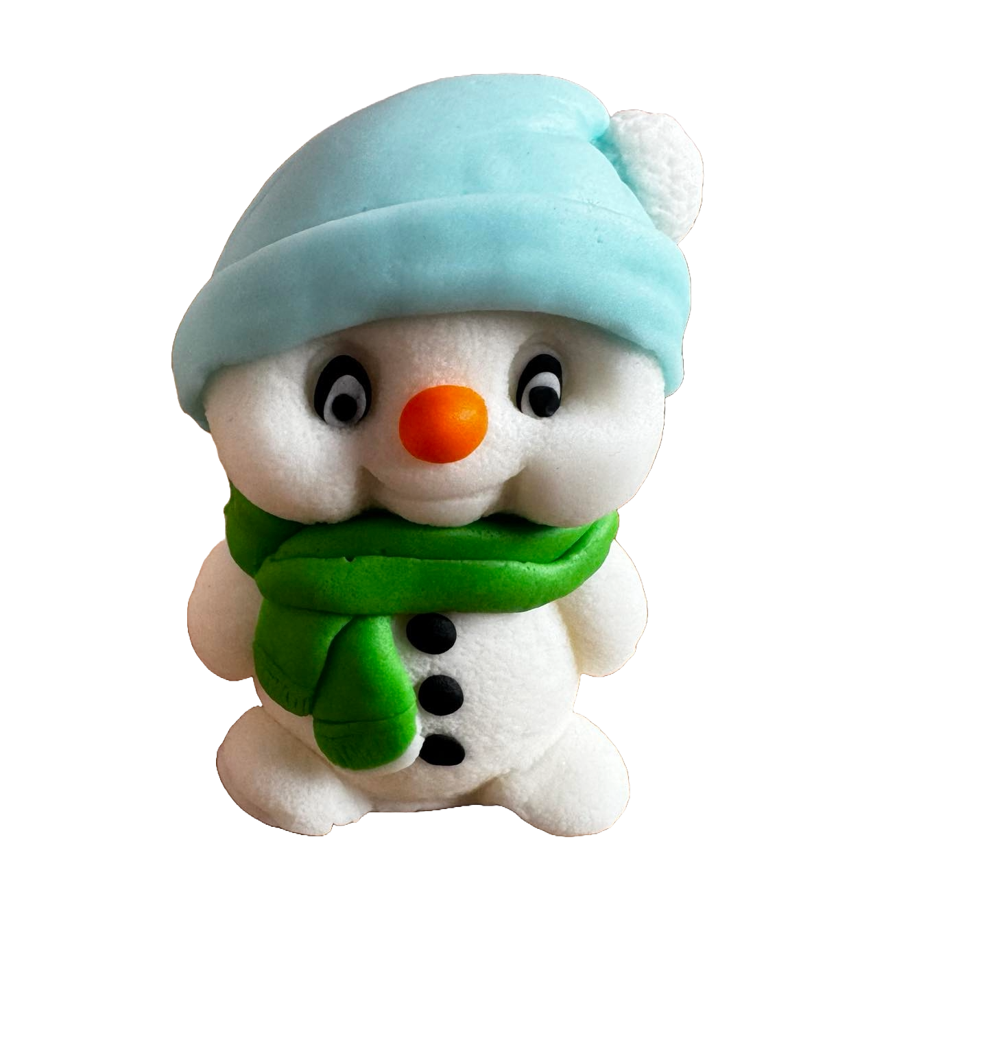 Eetbare decoratie van suikerpasta, Sneeuwpop met groene sjaal en blauwe hoed Decoraties van Sugar Paste Naty Shop