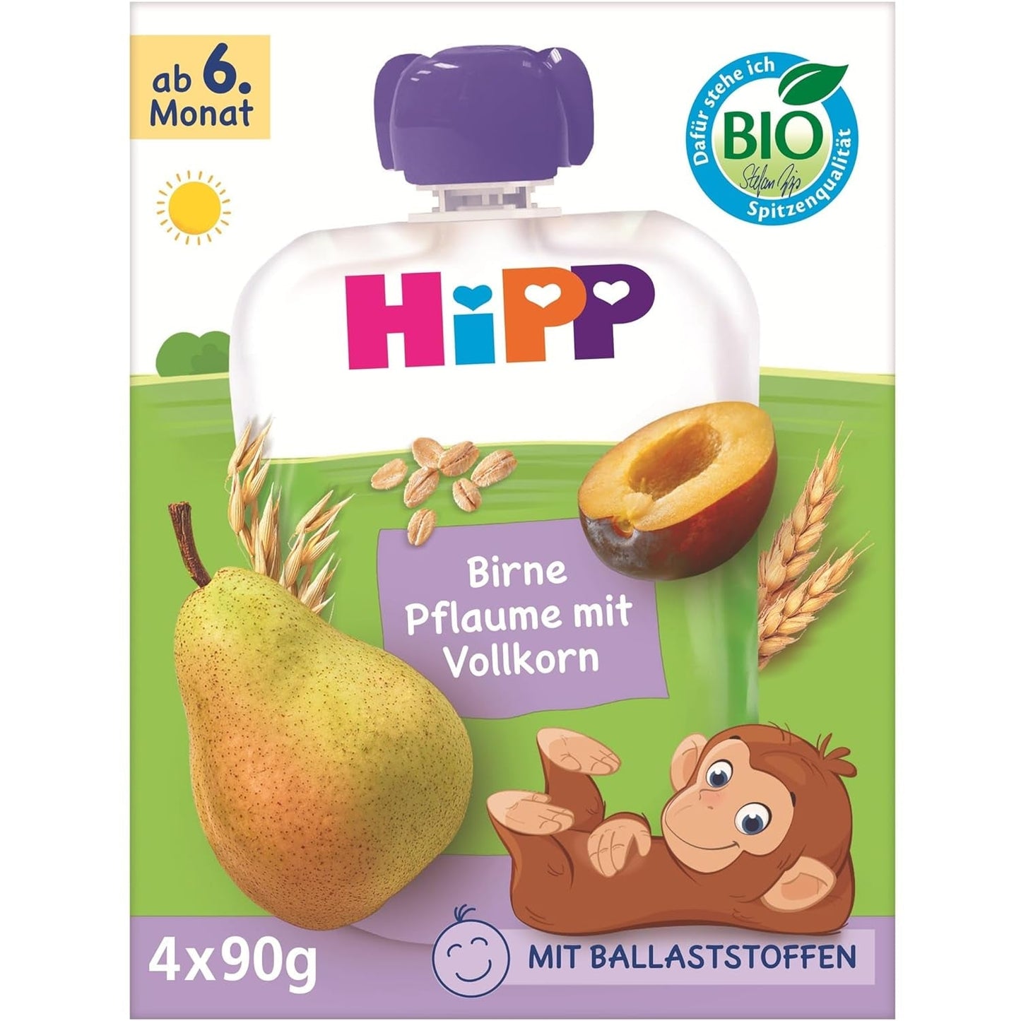 HiPP biologische peren- en pruimenzakjes, volkoren, 16 stuks (4 verpakkingen van 4 x 90 g elk), voor baby's vanaf 6 maanden, zonder toegevoegde suiker, veganistisch, beste biologische kwaliteit