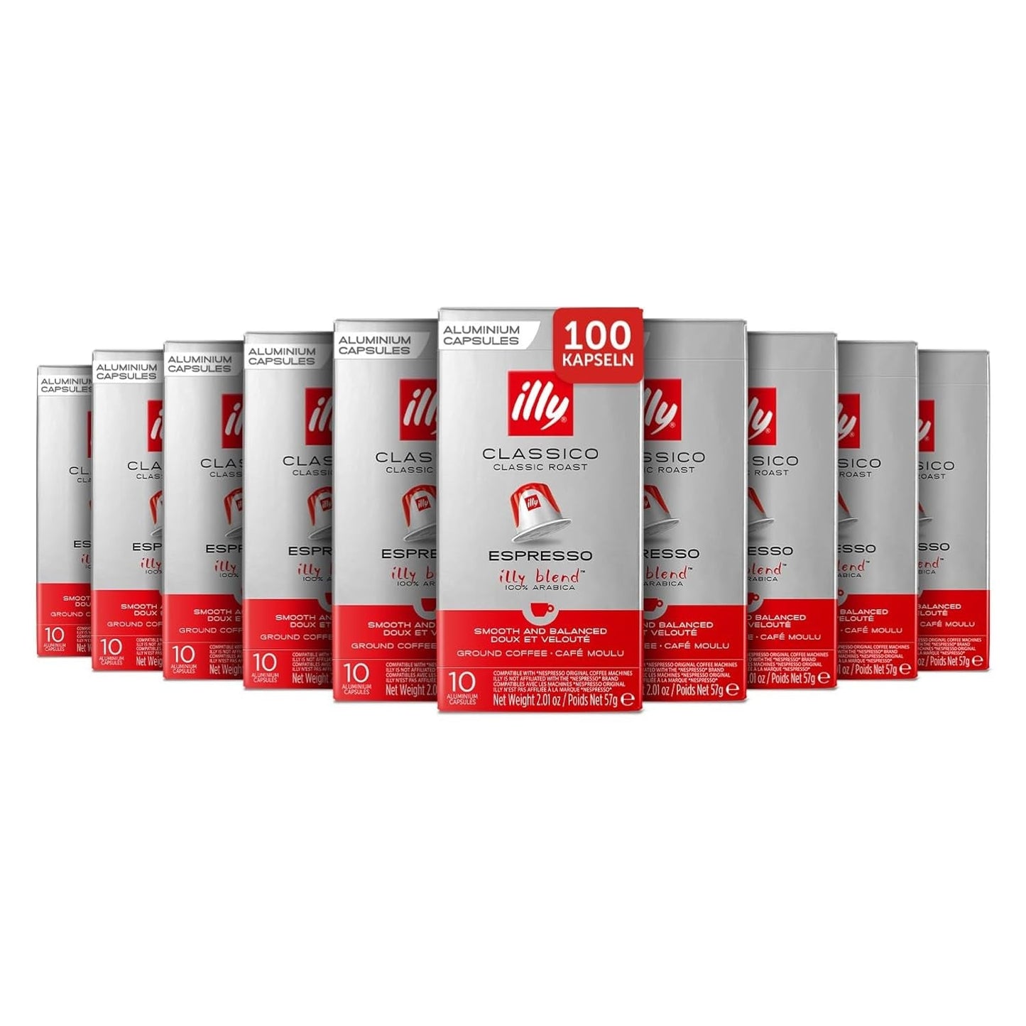 illy, Compatibel Aluminium-Kaffeekapseln CLASSICO, 100% Arabica met tonen van oranje bloemen en jasmijn, zoete smaak en zoete nasmaak, 10 verpakkingen van 10 capsules (100 in totaal)