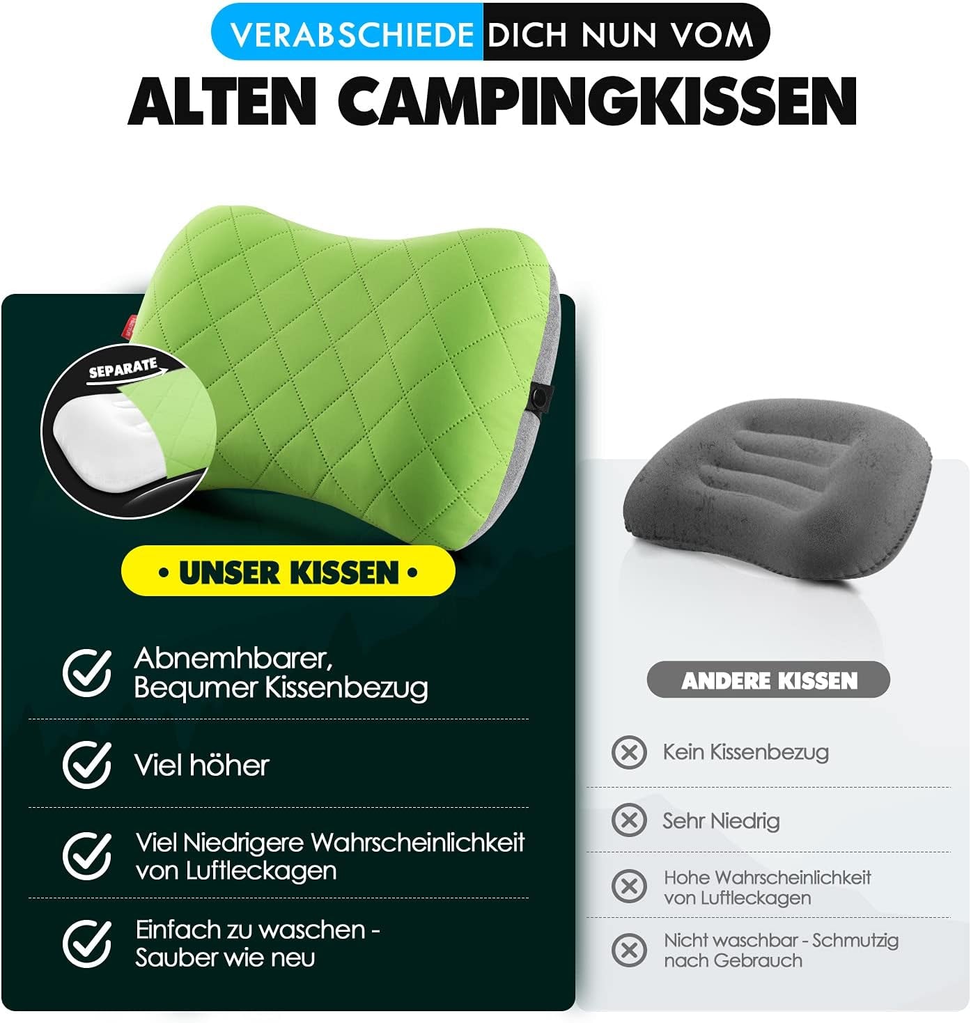 HIKENTURE Opblaasbaar kampeer- / reiskussen met afneembare kussensloop, ergonomisch kussen, comfortabel nekkussen voor reizen / buiten, opblaasbaar reisnekkussen (groen) ... Cervicale orthopedische kussens Naty Shop
