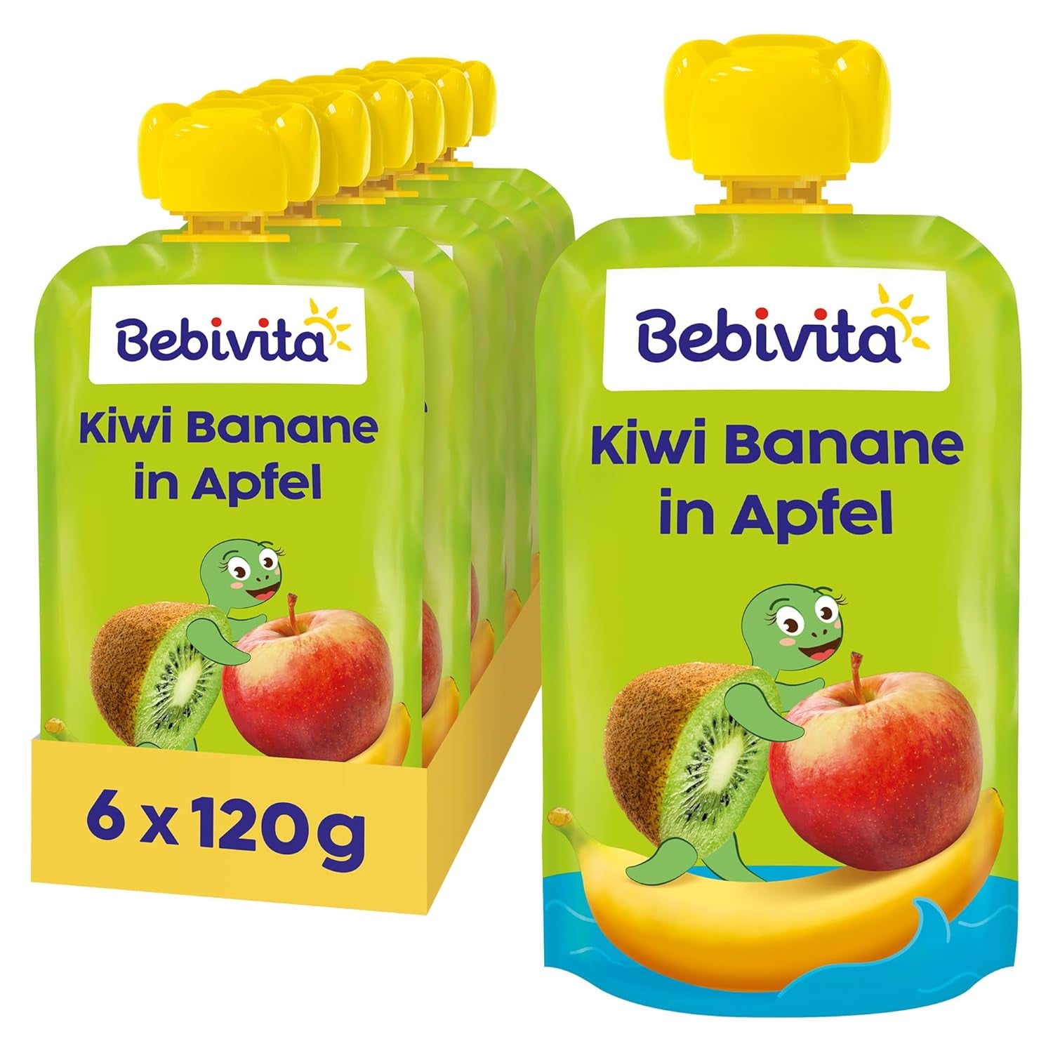 Kiwi Bananen in Appel Quetschie (6 x 120g), ohne Zuckerzusatz, glutenvrij, ideaal voor tussendoortjes en zelfbedieningssnacks