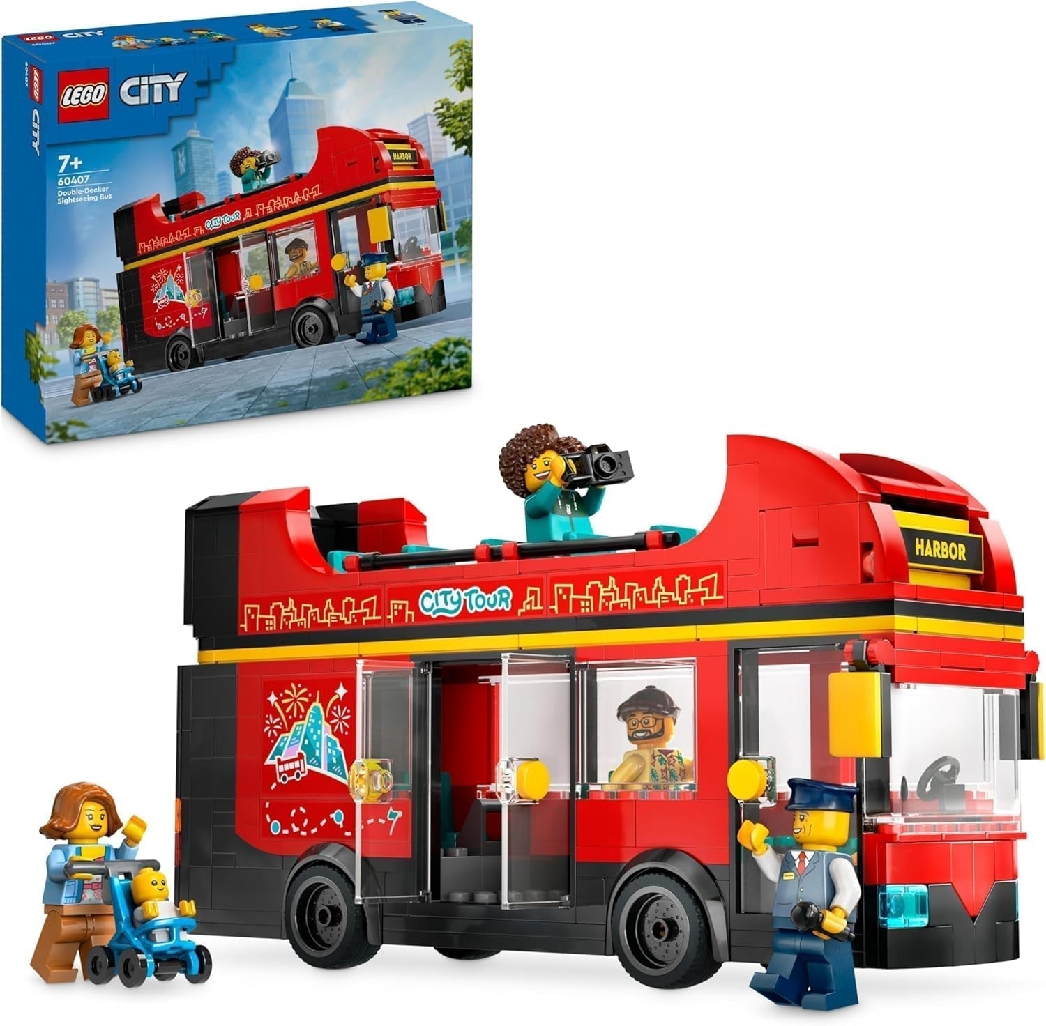 LEGO City dubbeldekkerbus, dubbeldekker speelgoedbus, voertuigset voor meisjes en jongens vanaf 7 jaar, bevat 5 figuren, waaronder een baby in een kinderwagen 60407 Bouwsets Besuche den LEGO-Store Standaard titel