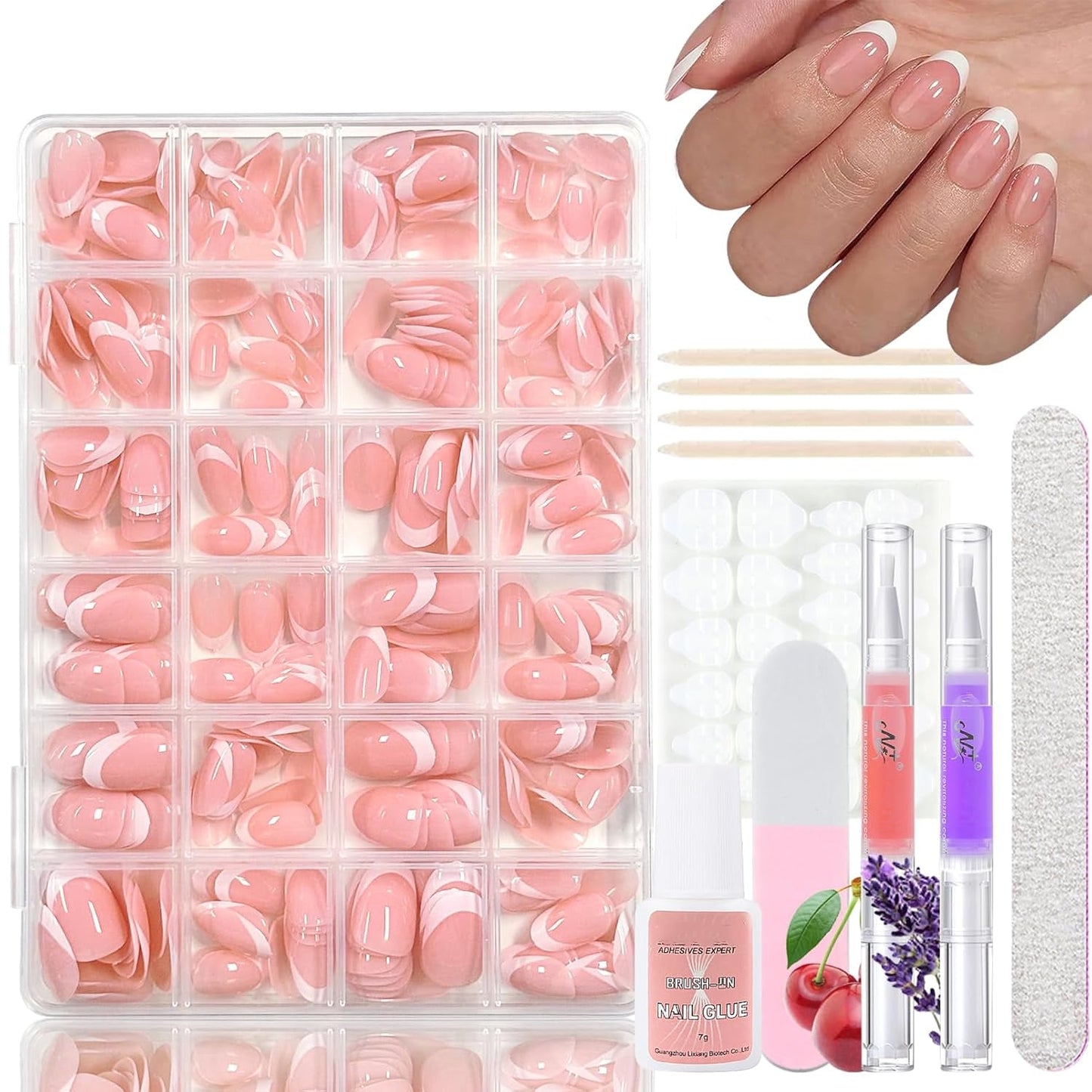 360 stks gradiënt ballerina kunstnagels set, roze witte gradiënt lijm-op kunstnagels met 2 stks nagelolie pennen, ombre medium nepnagels voor vrouwen DIY
