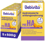 PRE HA (5 x 500 g), gehydrolyseerde melkpoederformule vanaf de geboorte, bevat uitsluitend lactose als koolhydraat, geschikt als bijvoeding