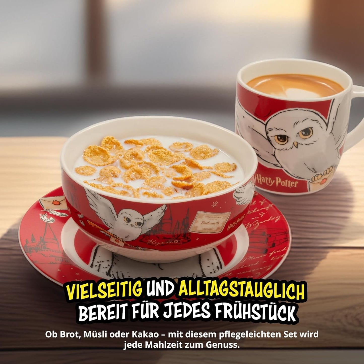 Harry Potter 3-delig servies, rood, porseleinen ontbijtservies met bord Ø 19 cm, mok 220 ml en kom 330 ml, servies