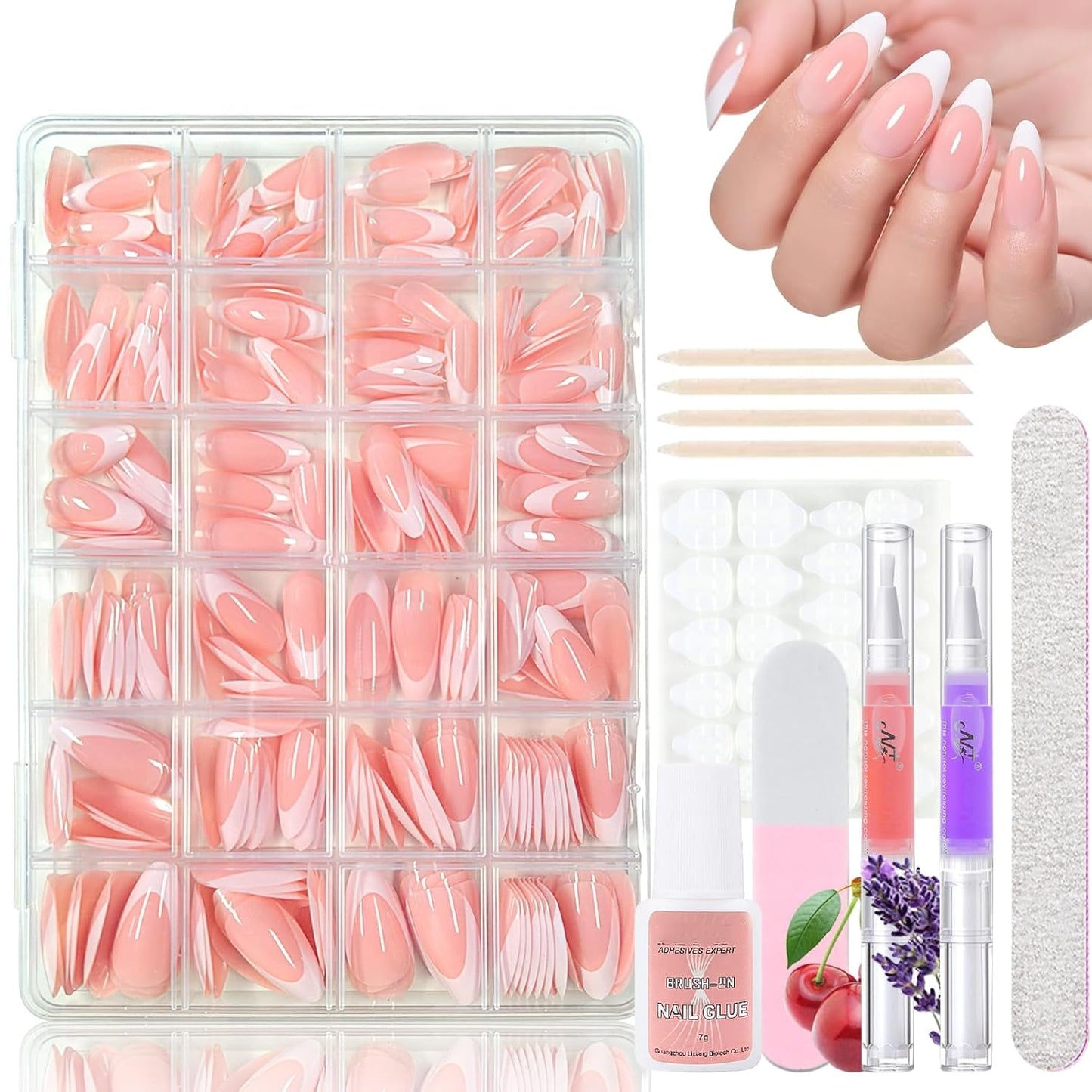 360 stks gradiënt ballerina kunstnagels set, roze witte gradiënt lijm-op kunstnagels met 2 stks nagelolie pennen, ombre medium nepnagels voor vrouwen DIY