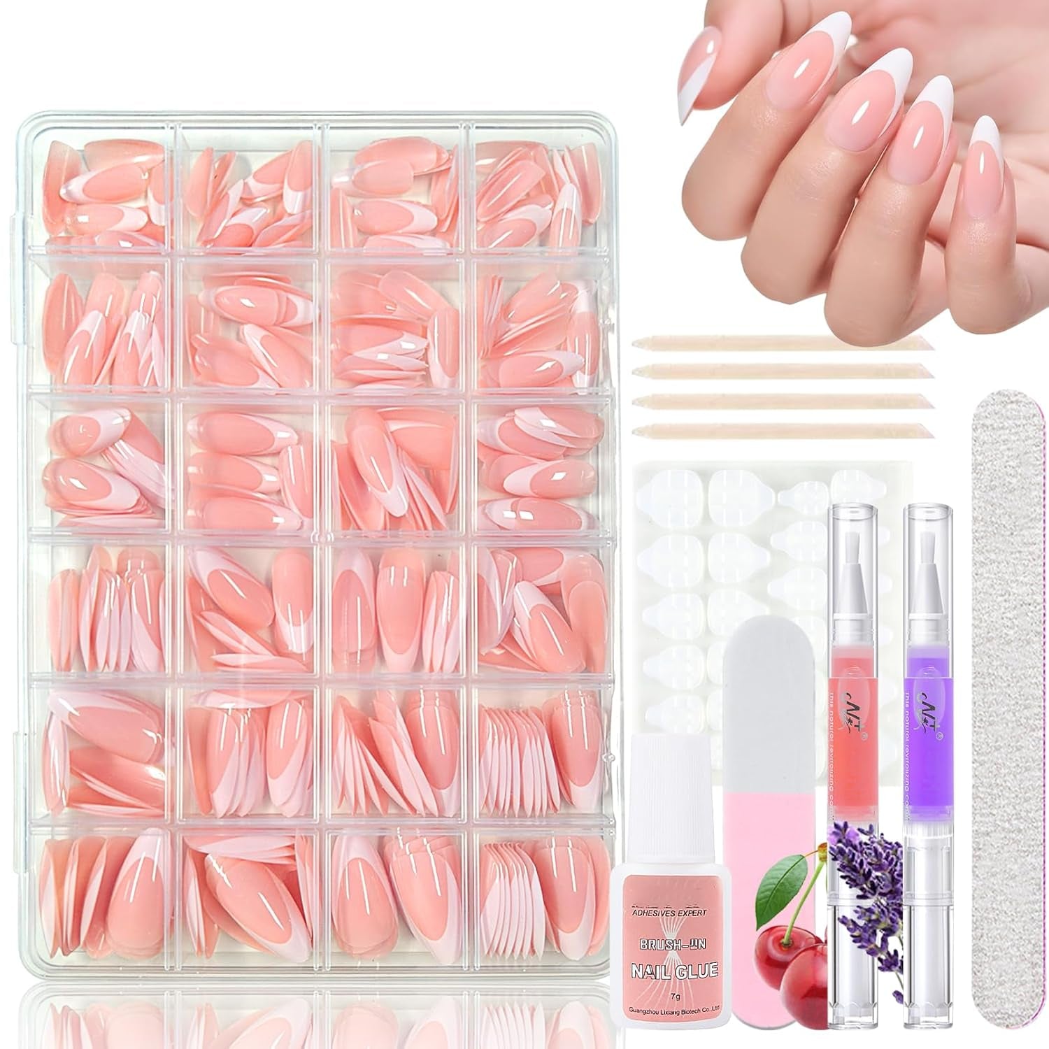 360 stks gradiënt ballerina kunstnagels set, roze witte gradiënt lijm-op kunstnagels met 2 stks nagelolie pennen, ombre medium nepnagels voor vrouwen DIY