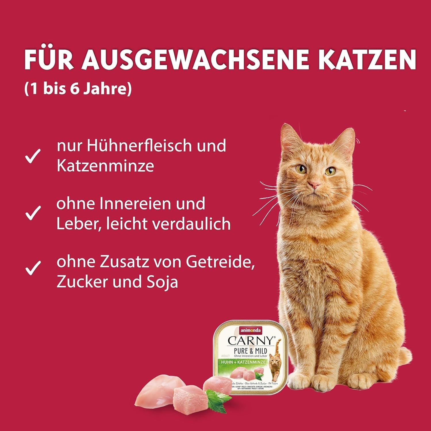Adult Pure & Mild kattennatvoer met kip en kattenkruid (32 x 100 g), voor gevoelige katten, graan- en suikervrij, licht verteerbaar natvoer met kip