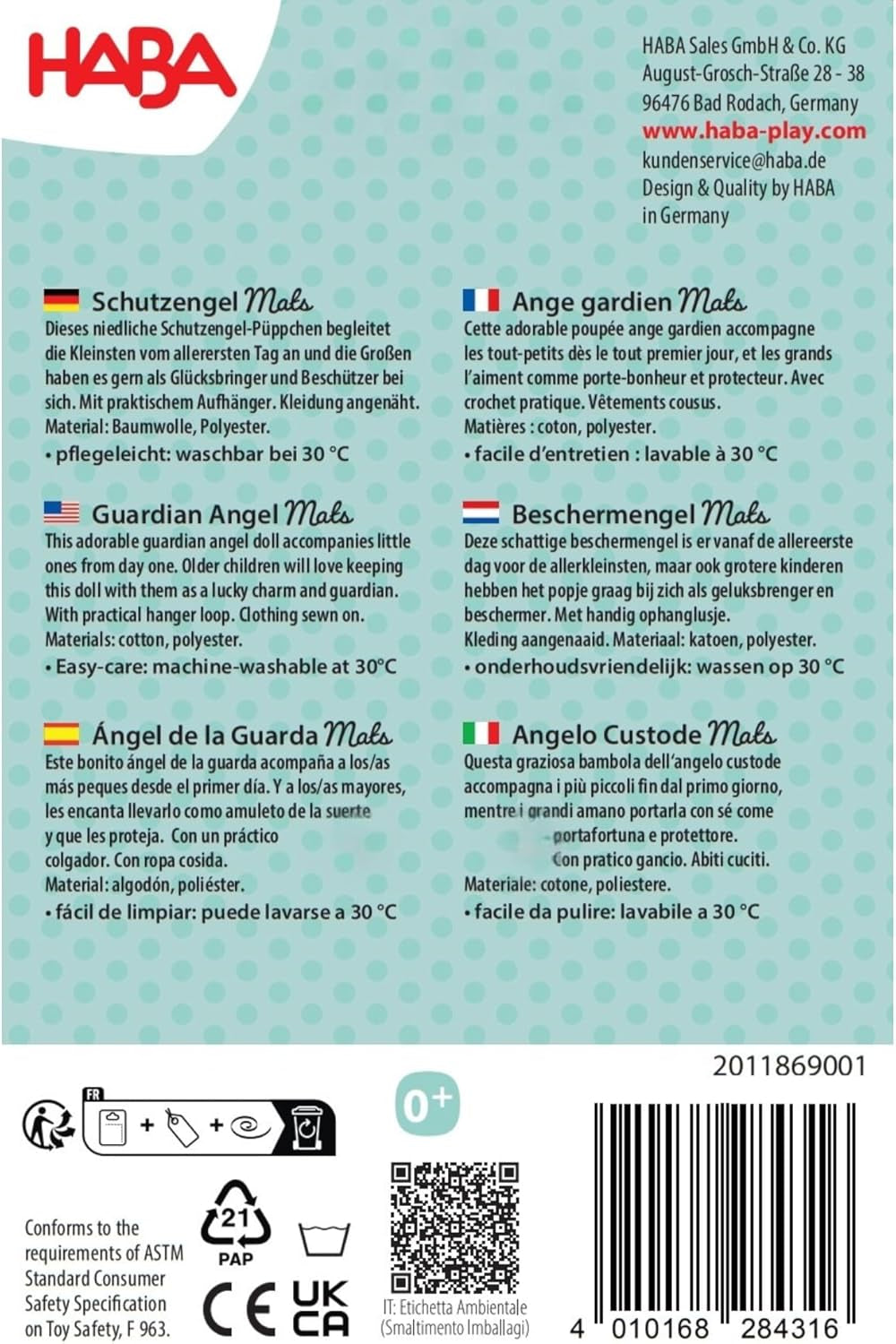 HABA Beschermengelmatten - Schattige stoffen pop (15 cm), ideaal welkomstcadeau voor baby's en peuters - Wasbaar op 30 °C - 2011869001