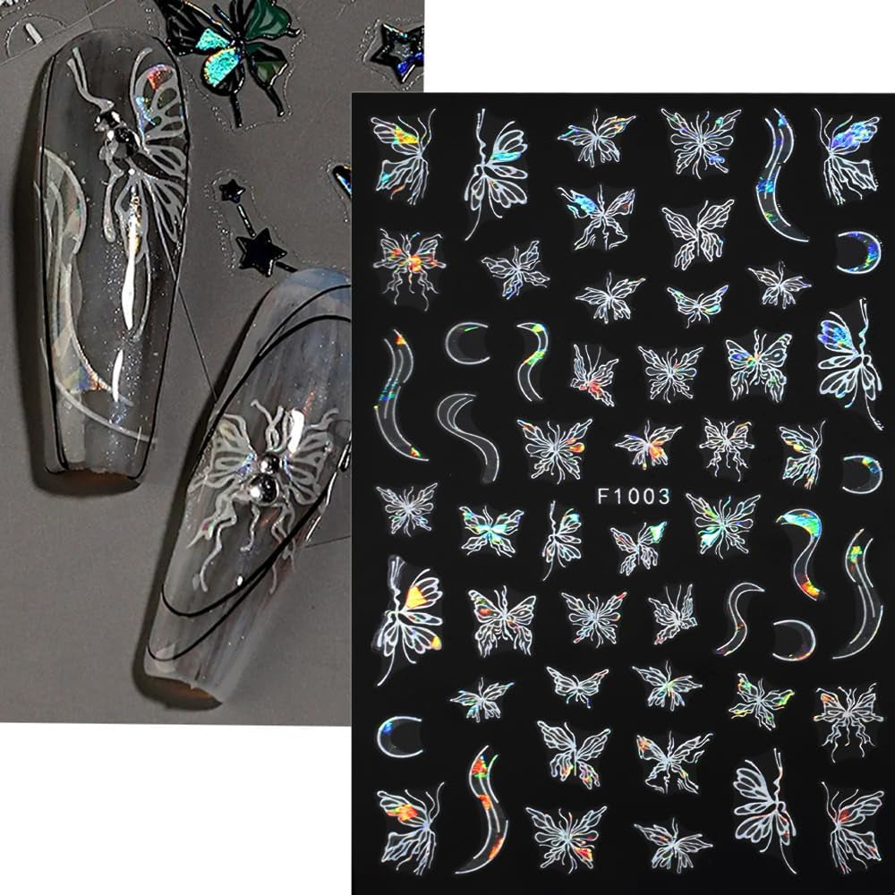 4 Blätter Holographisch Laser Wit Schmetterling Nagelsticker,Y2K Aurora Schmetterlinge Stern Nail Sticker 3D Flamme Herz Nageldesign Nagelsticker Selbstklebend Nagel Sticker Nagel Zubehör Nail Art
