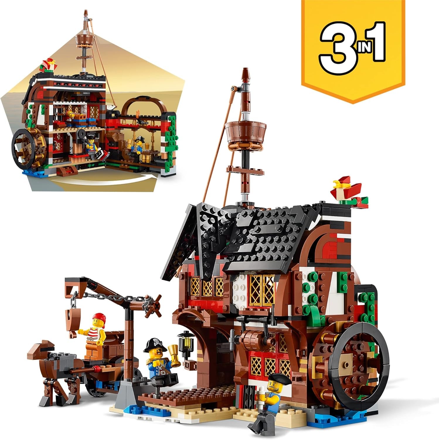 LEGO Creator 3-in-1 piratenschipset, speelgoed met 3 bouwopties, bouw een piratencafé of schedelpirateneiland, inclusief 3 rollenspel-avontuurminifiguren 31109 Bouwsets Besuche in LEGO-Store