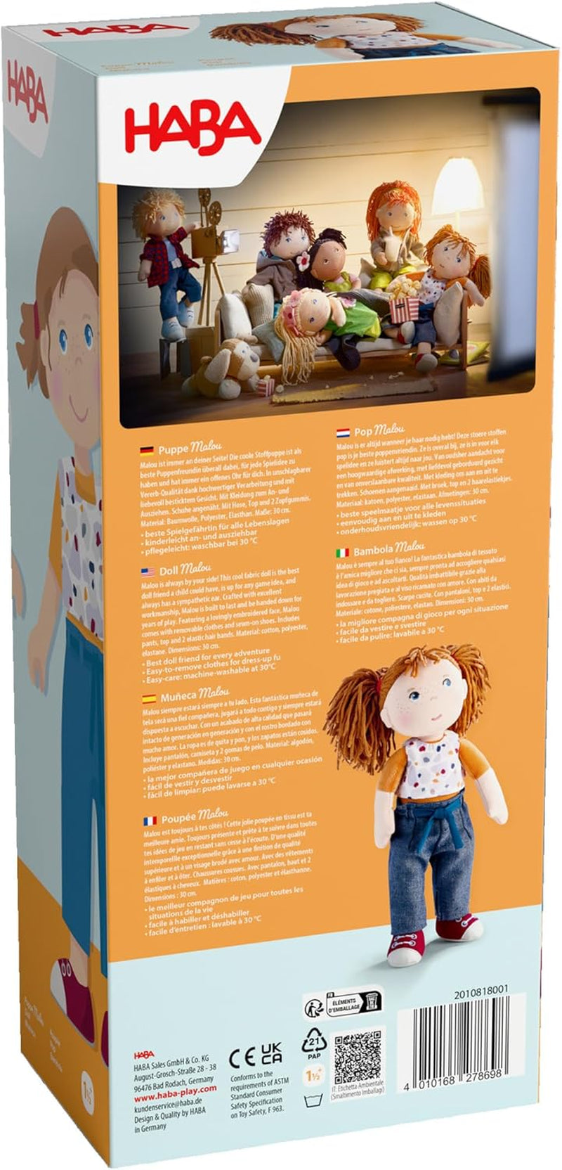 HABA Malou pop - 30 cm hoge zachte pop om te spelen en te knuffelen - Zachte en wasbare materialen - Ideaal alternatief voor pluche poppen - Geschikt voor kinderen vanaf 1,5 jaar - 2010818001
