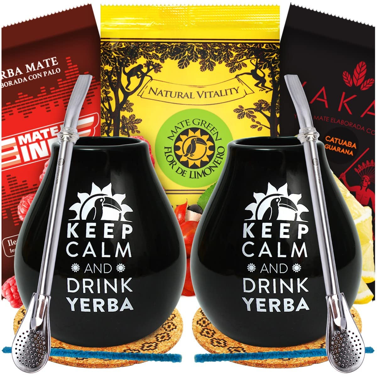 Yerba Mate Theeset voor Twee 150G | Mate thee met guarana en fruit | Losse blad Yerba Mate thee | Zwarte Matte Keramische Beker 350 ml | Stalen rietje Bombilla Liza 19 cm