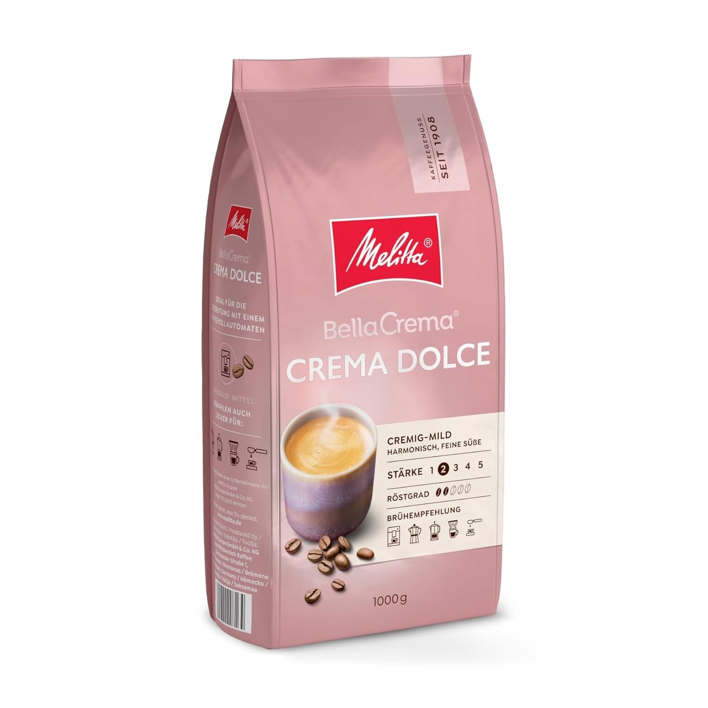 Melitta BellaCrema Crema Dolce koffiebonen 1 kg, ongemalen, koffiebonen voor volautomatische koffiemachines, licht gebrand, gebrand in Duitsland, intensiteit 2