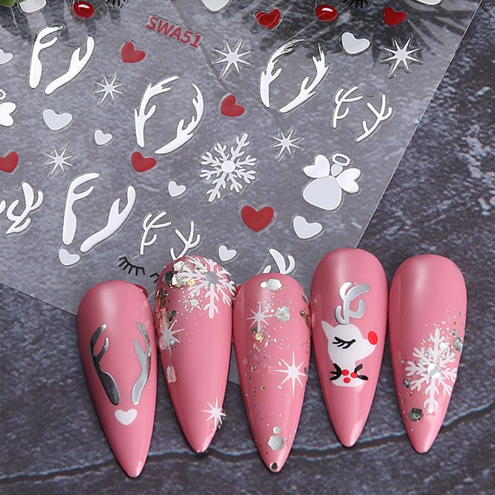 Cartoon Sneeuwvlok Nagelstickers, Kerstnagelstickers, Zelfklevend, Kerstnagelontwerpen, Nagelkunst, Herten, Sneeuwvlokken, Kerstnagelstickers, Winternagelaccessoires