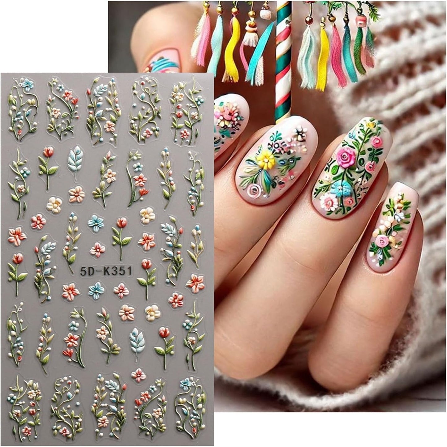 JMEOWIO 3D Nagelsticker Blumen Nail Art Sticker Selbstklebend Nagelaufkleber 5D Stereoskopisch Kruiden Blumen Decoratie Nageldesign Zubehör 4 Blatt