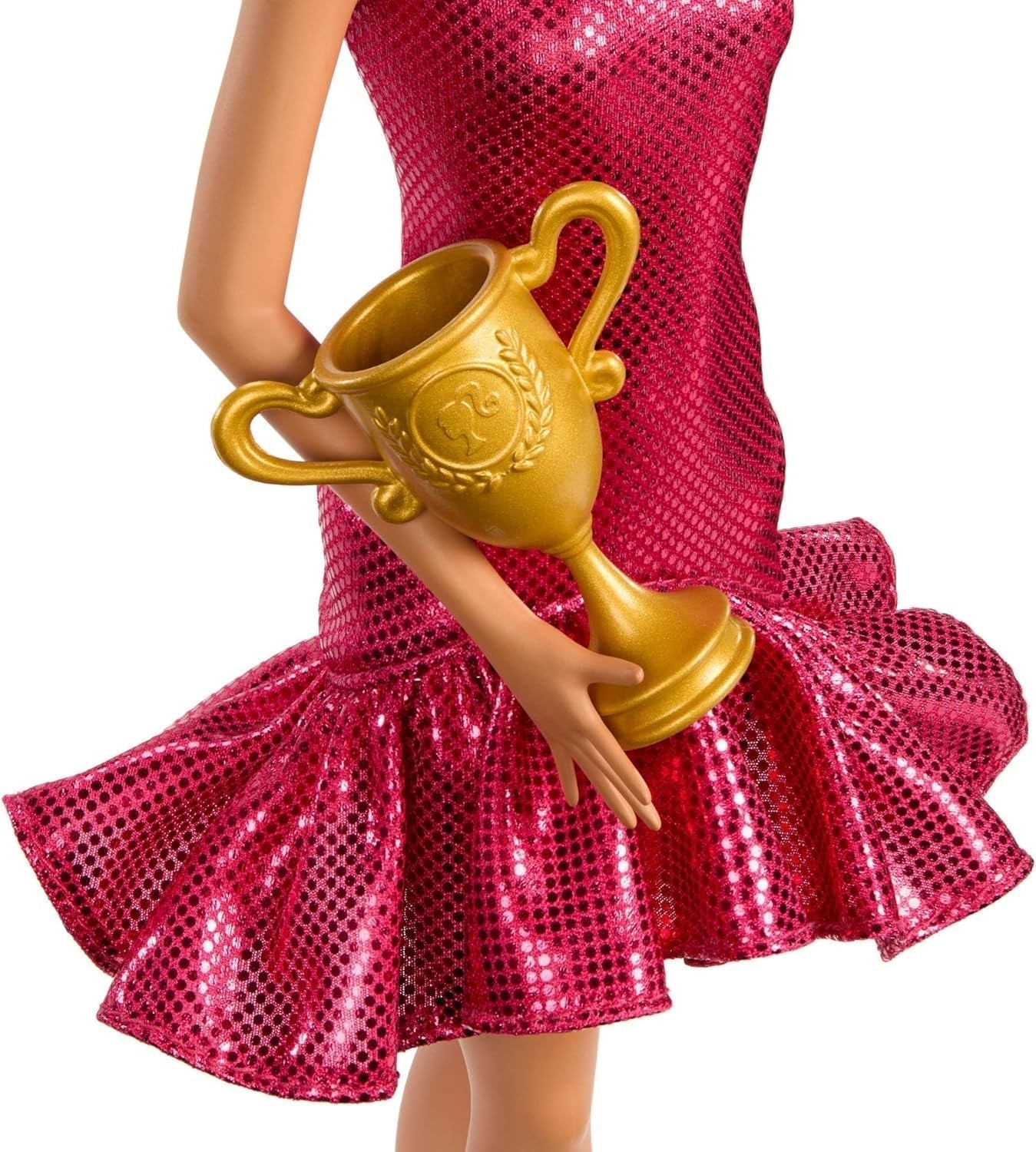 Modedansende Barbie-pop met rode jurk met ruches, dansschoenen, bruin haar en danstrofee-accessoires, JFR09 Naty Shop-poppen