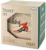 Winter Escape 12-delige kerststeengoed serviesset - Nordic Winter Skier Design - Vaatwasmachine- en magnetronbestendig