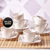 KARACA Nazende porseleinen espressokopjesset - 80 ml Turkse koffiekopjes met schotels, 12-delig modern koffieservies met 6 koffiekopjes en 6 schotels, mokkakopjes - wit