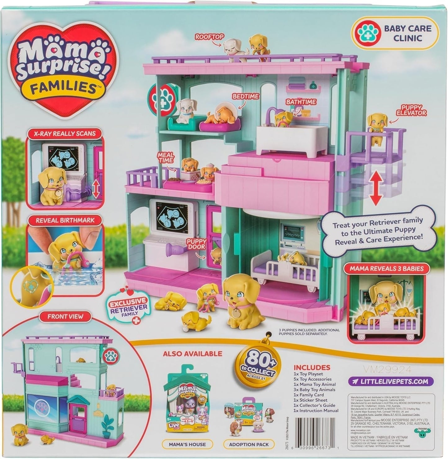 Little Live Pets Mama Surprise Families Baby Clinic-speelset, inclusief 3 retriever-pups, magische, dubbelzijdige speelset (27,8 cm breed, 23,8 cm hoog). Voeden, baden en spelen, cadeau voor kinderen Actiefiguren Naty Shop