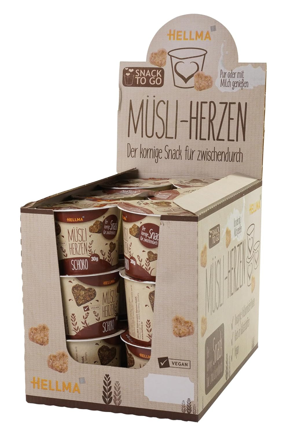 HELLMA Hartjes met Muesli en Chocolade - 18 porties, elk 30 g - Havermout bedekt met chocolade in de vorm van een hart, meeneembekers