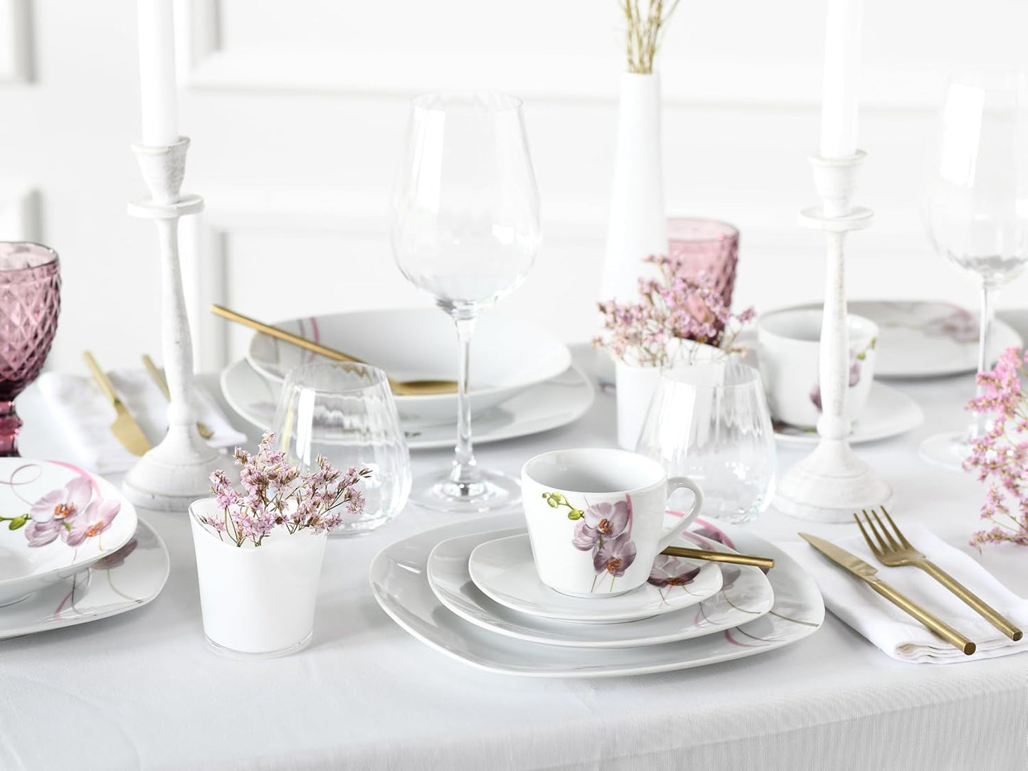 CreaTable, 24024, Square Orchid-serie, 18-delige serviesset voor 6 personen, porseleinen koffieservies, vaatwasmachine- en magnetronbestendig, kwaliteitsproductie