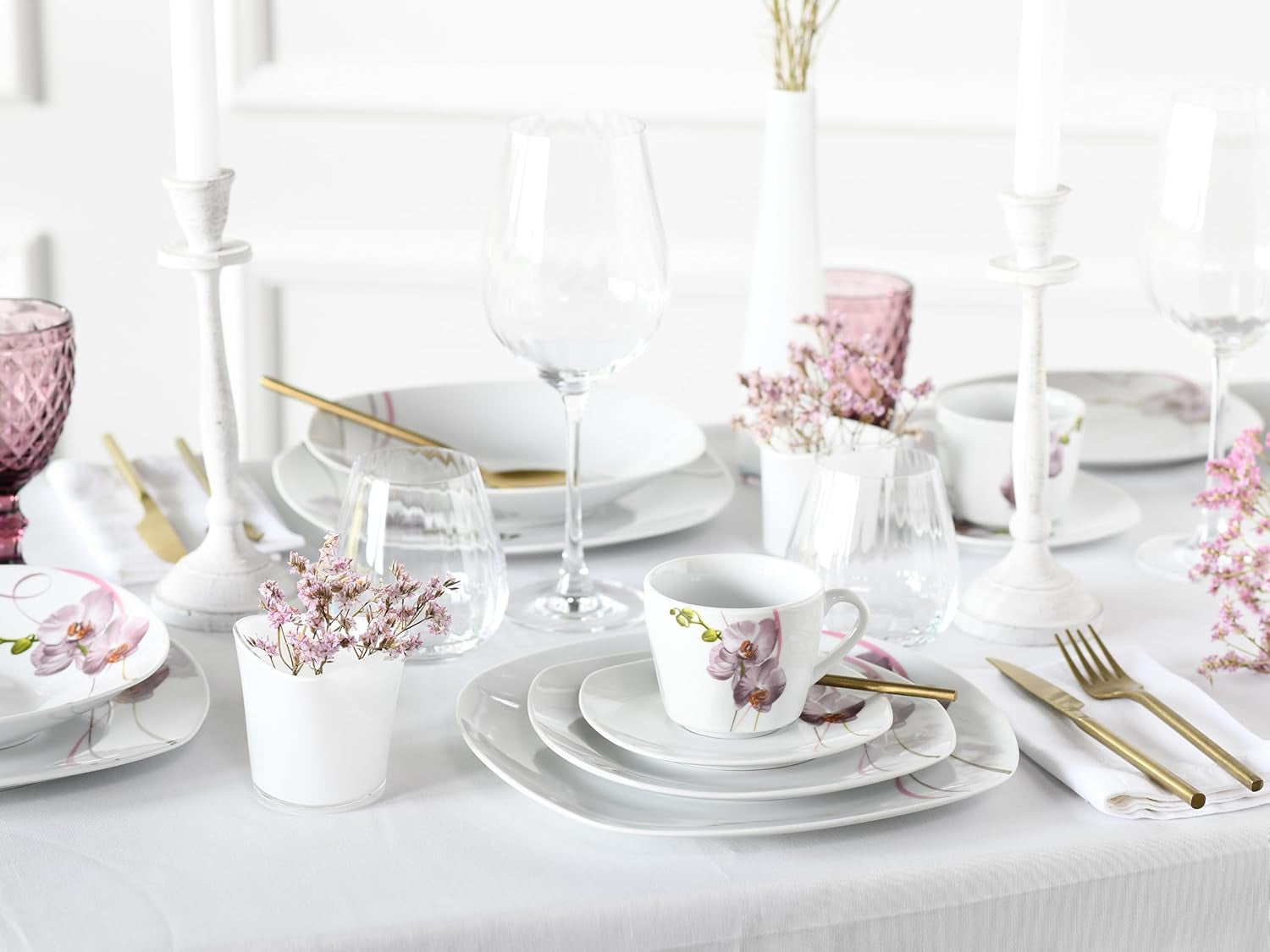 CreaTable, 24024, Square Orchid-serie, 18-delige serviesset voor 6 personen, porseleinen koffieservies, vaatwasmachine- en magnetronbestendig, kwaliteitsproductie