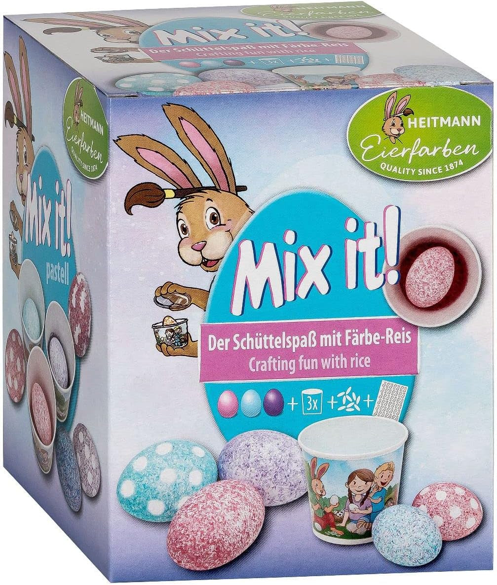 Heitmann Eikleurstoffen - Mix It Pastel - 3 vloeibare eikleurstoffen in roze, turkoois en paars, beker, rijst, sjablonen en handschoenen - Eenvoudig eierverven