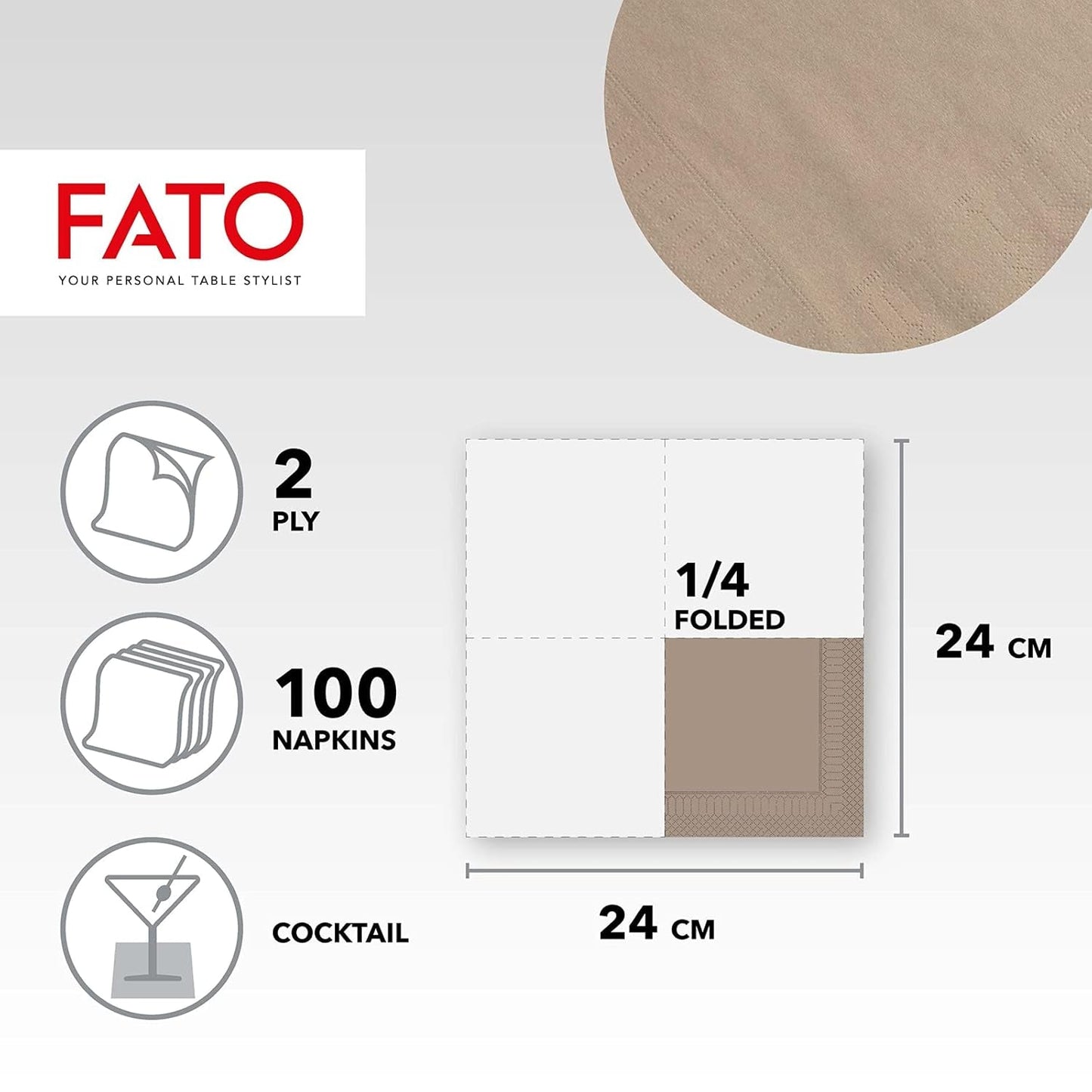 , Papieren wegwerpservetten, Ideaal voor hapjes en cocktails, Verpakking van 100 servetten, Afmeting 24X24 gevouwen in 4, 2 lagen, Kleur Turtledove, 100% puur cellulosepapier, Fsc-gecertificeerd