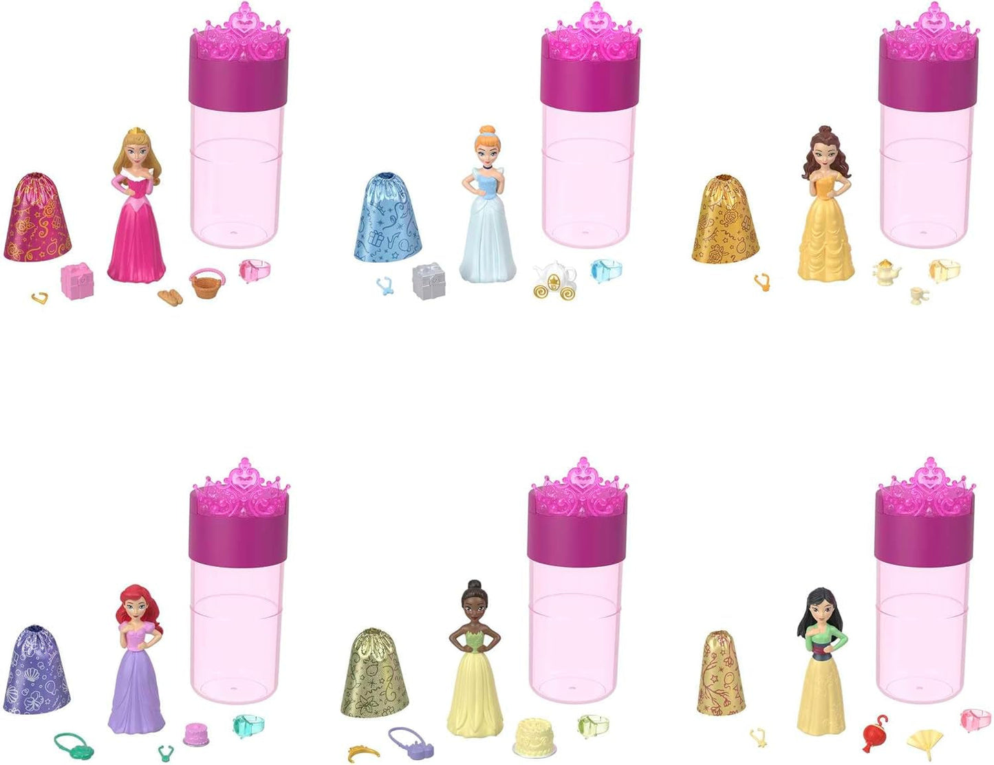 Disney Princess Color Reveal - 6 verrassende watergeactiveerde poppen, accessoires, voor kinderen vanaf 3 jaar, Ariël, Tiana, Mulan, Assepoester, Belle, Aurora, HPX39