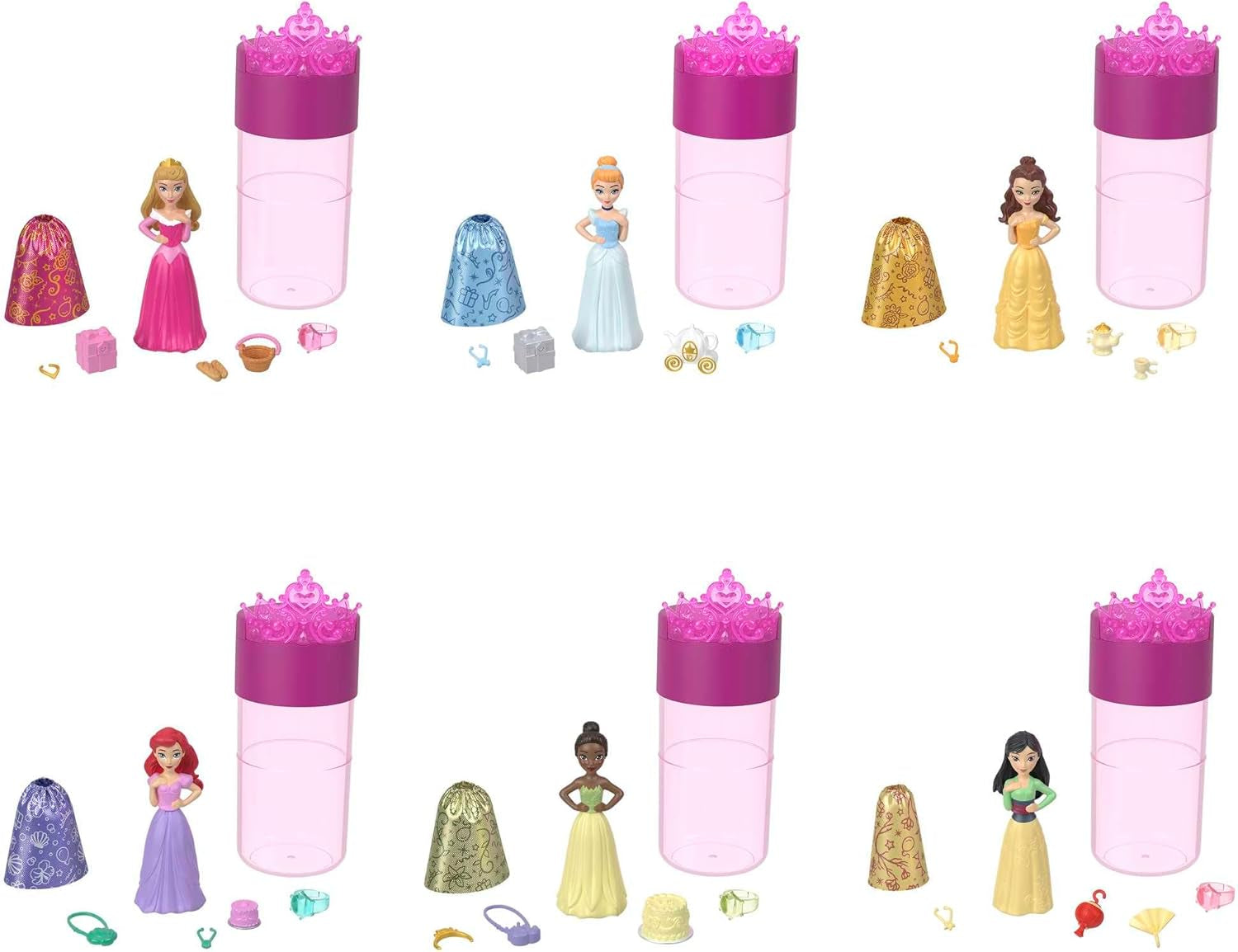 Disney Princess Color Reveal - 6 verrassende watergeactiveerde poppen, accessoires, voor kinderen vanaf 3 jaar, Ariël, Tiana, Mulan, Assepoester, Belle, Aurora, HPX39
