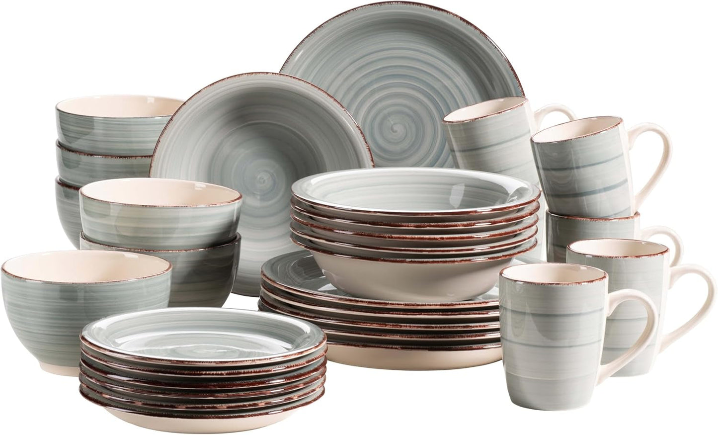 MÄSER 931612 Bel Tempo II vintage serviesset voor 6, 30 stuks, gecombineerd servies in blauw handgeschilderd keramiek, steengoed, rookblauw