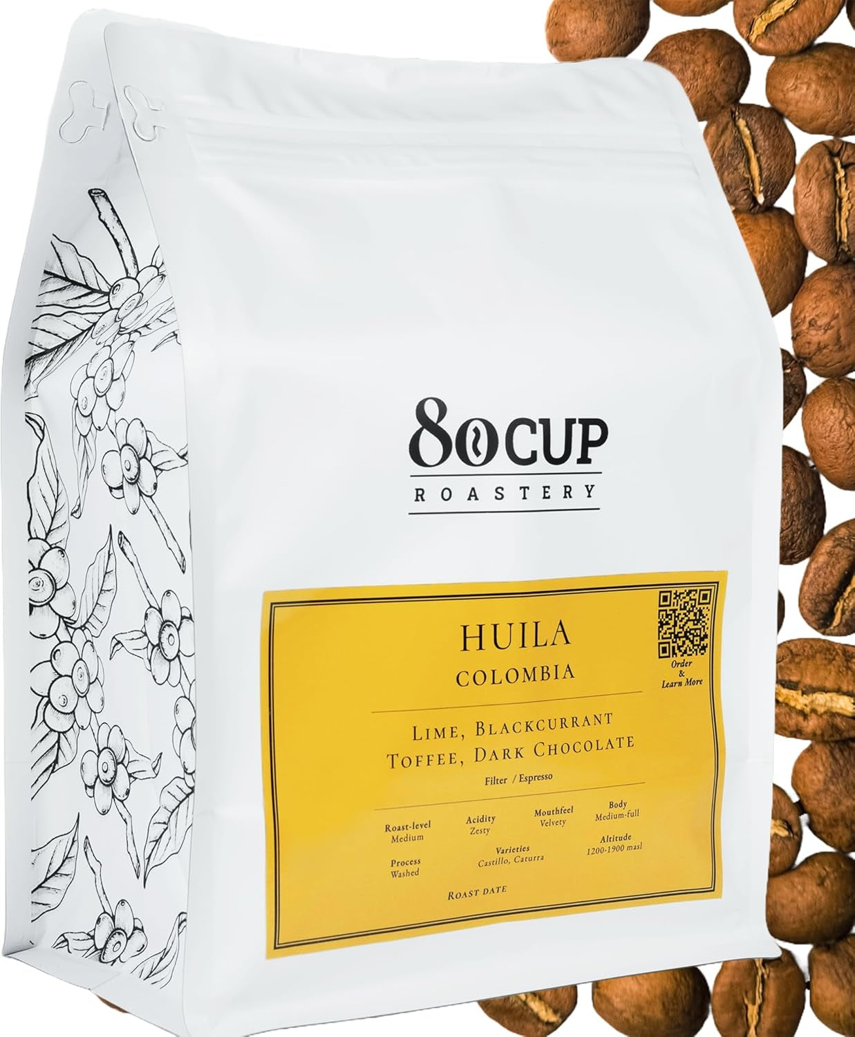 Gebrand na bestelling ~ meest verse koffiebonen | 80 CUP Roastery | Colombia Huila, Single Origin (1kg) Spezialitäten Kaffeebohnen, Frisch Geröstet