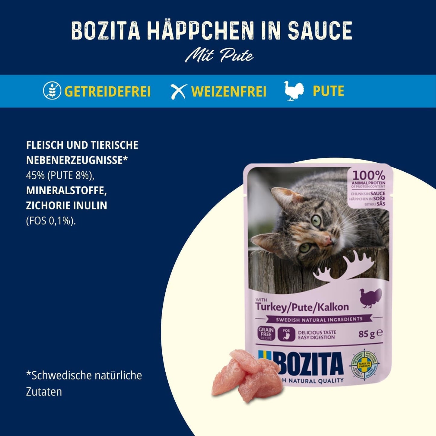 Bozita Zakje Natvoer met Stukjes in Saus en Kalkoen - 12 Portiezakjes x 85g Graan- en Tarwevrij Kattenvoer - Natvoer voor volwassen katten met 8,5% Eiwit en 4,5% Vet