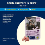 Bozita Zakje Natvoer met Stukjes in Saus en Kalkoen - 12 Portiezakjes x 85g Graan- en Tarwevrij Kattenvoer - Natvoer voor volwassen katten met 8,5% Eiwit en 4,5% Vet