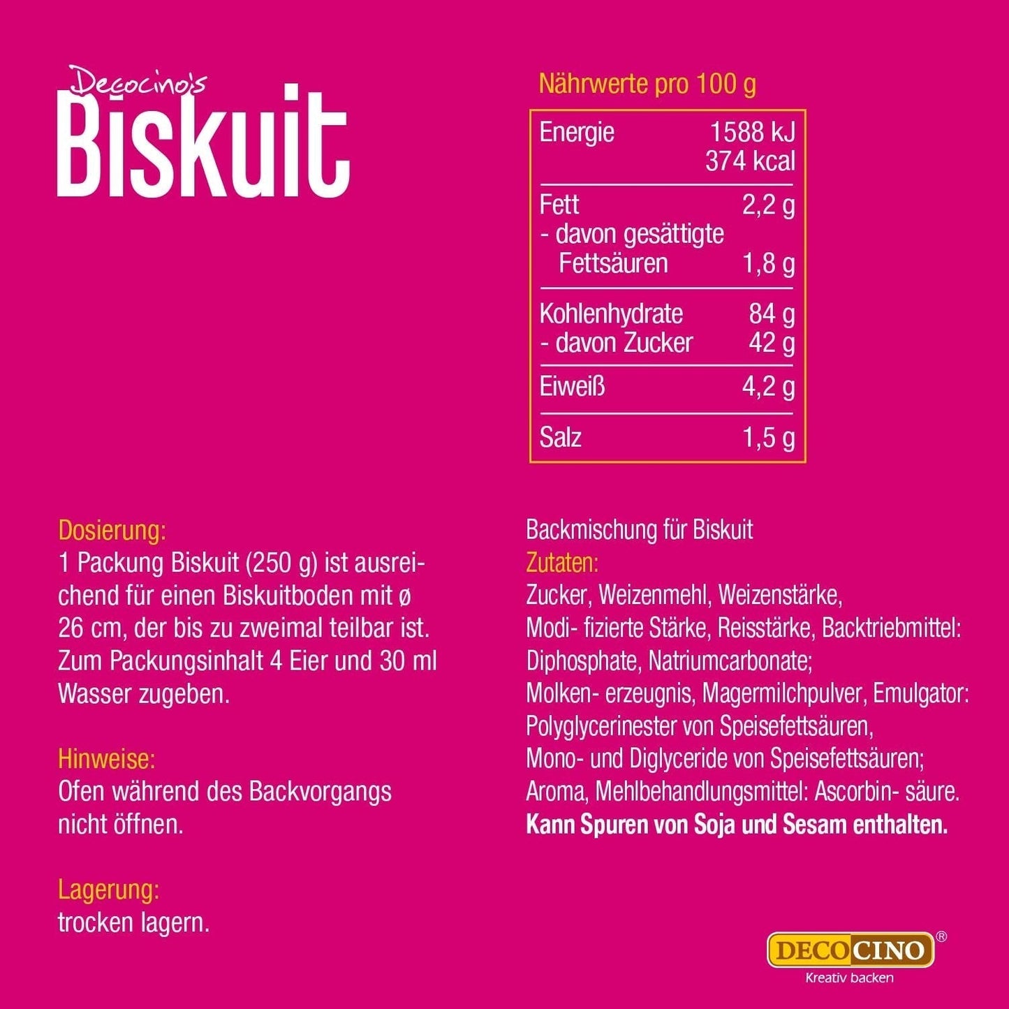 DECOCINO Biscuit Backmischung (250 G) – Einfache Zubereitung – Gelingsicher – Zum Backen Von Luftigen Biskuitböden, Creme-Torten, Biskuitrollen Uvm. Naty Winkel