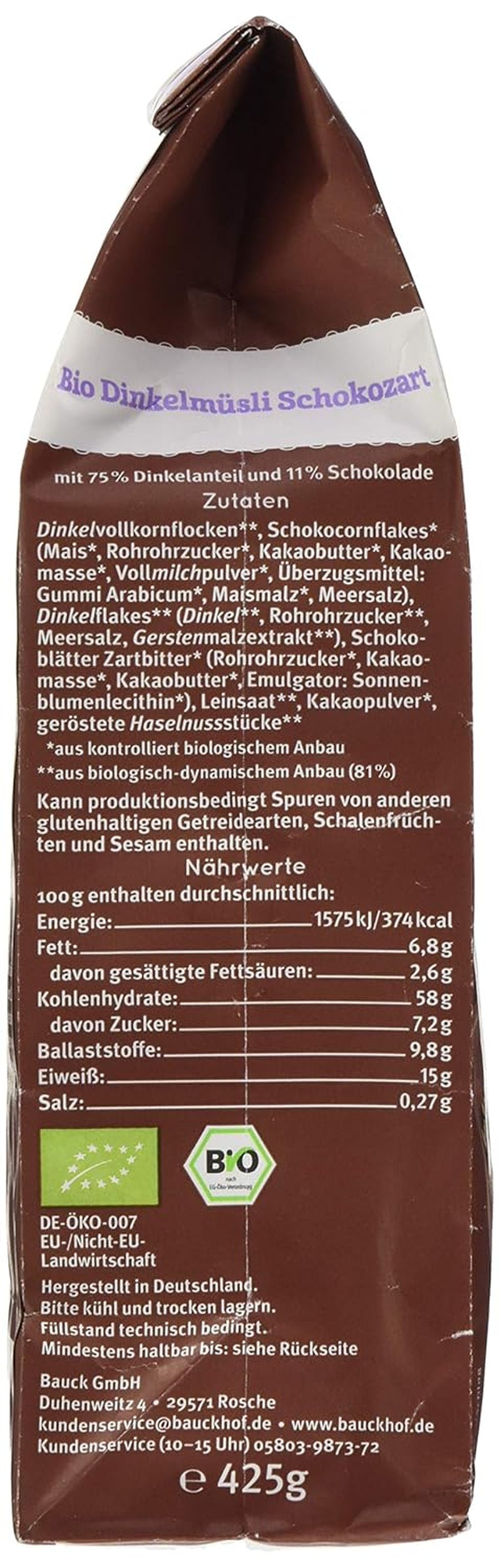 Bauck HOF Dinkelmüsli Schokozart, 425G (1Er-pakket) Granen Naty Shop