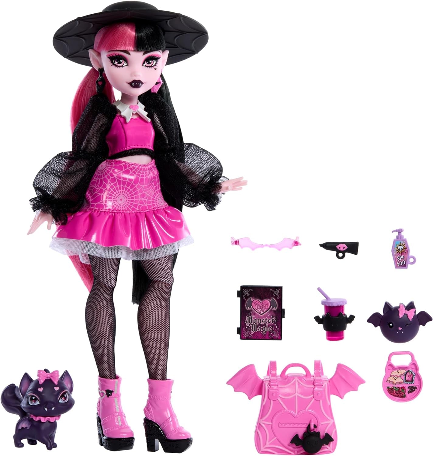 Monster High Draculaura pop met haar huisdier Count Fabulous vleermuiskat en accessoires zoals rugzak, spreukenboek, bentobox en meer, HRP64 Naty Shop Dolls