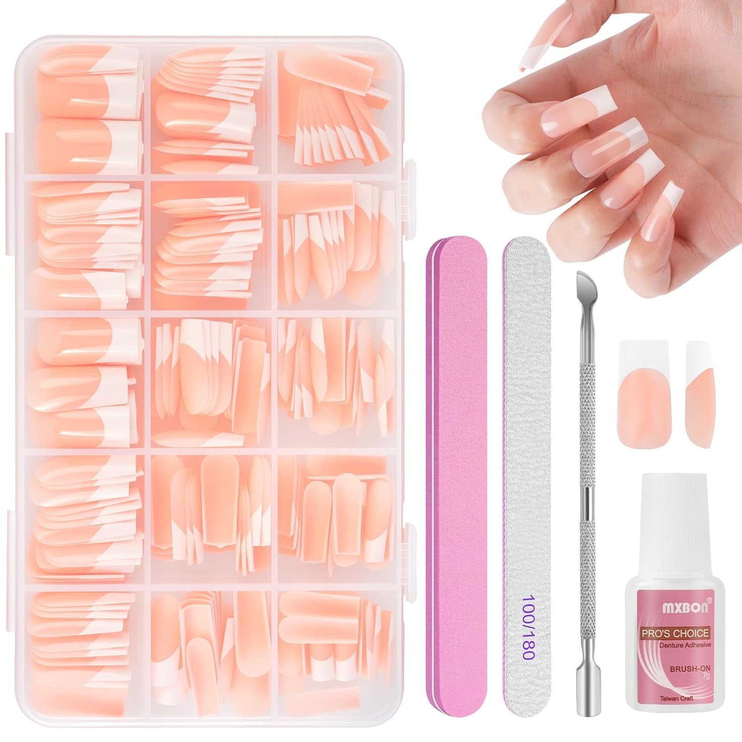 240-delige set valse nageltips, French Press op kunstnagels, pers op Franse nagels, 12 maten, nepnagels met lijm voor dames en heren (naakt wit medium amandel)