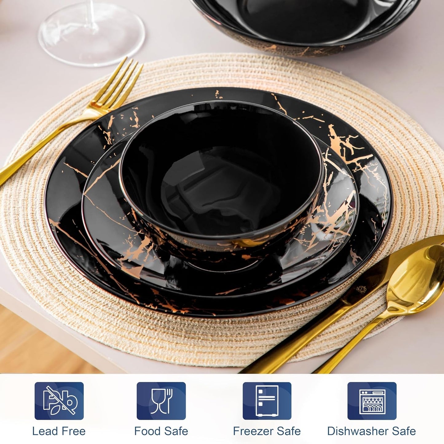 LOVECASA Daphne-serie porseleinen serviesset SWEET 24-delige combinatieset gouden design dinerborden dessertborden ontbijtgranenschalen en dinerborden voor 6 personen