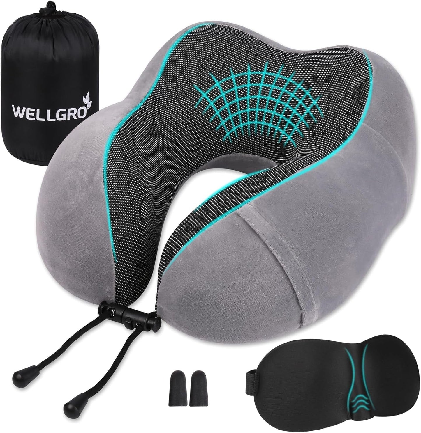 WELLGRO Nekkussenset met 3D-slaapmasker en oordopjes - Afneembare hoes - Traagschuim - Ritssluiting - Inclusief opbergtas - Reiskussen - Kleur selecteerbaar, Kleur: Grijs Cervicale Orthopedische Kussens Naty Shop