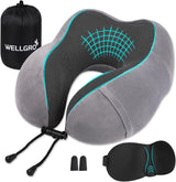 WELLGRO Nekkussenset met 3D-slaapmasker en oordopjes - Afneembare hoes - Traagschuim - Ritssluiting - Inclusief opbergtas - Reiskussen - Kleur selecteerbaar, Kleur: Grijs Cervicale Orthopedische Kussens Naty Shop
