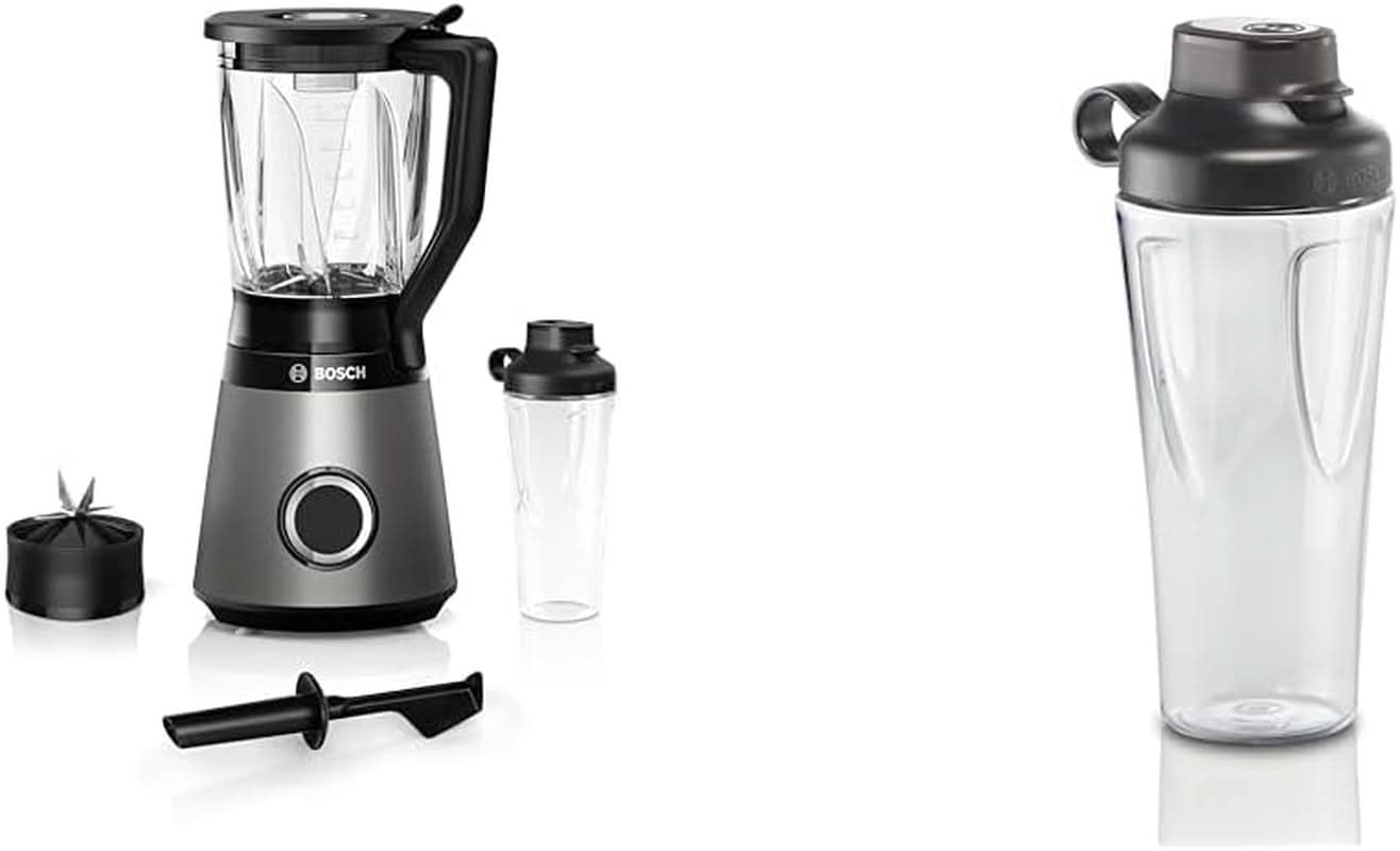 Bosch Standmixer Vitapower Serie 4 MMB6174SN, Verbesserte Versie, Hoge Edelstahl-Klingen, 1,5L Glasbehälter, 0,6L To-Go-Flasche, Spülmaschinenfeste Teile, 30.000 U/Min, 1200 W, Silber Bucatarie Naty Shop Bundle Mit Flasche 0,6 L 2-In-1, Neu Met 10 Jahre Motorgarantie