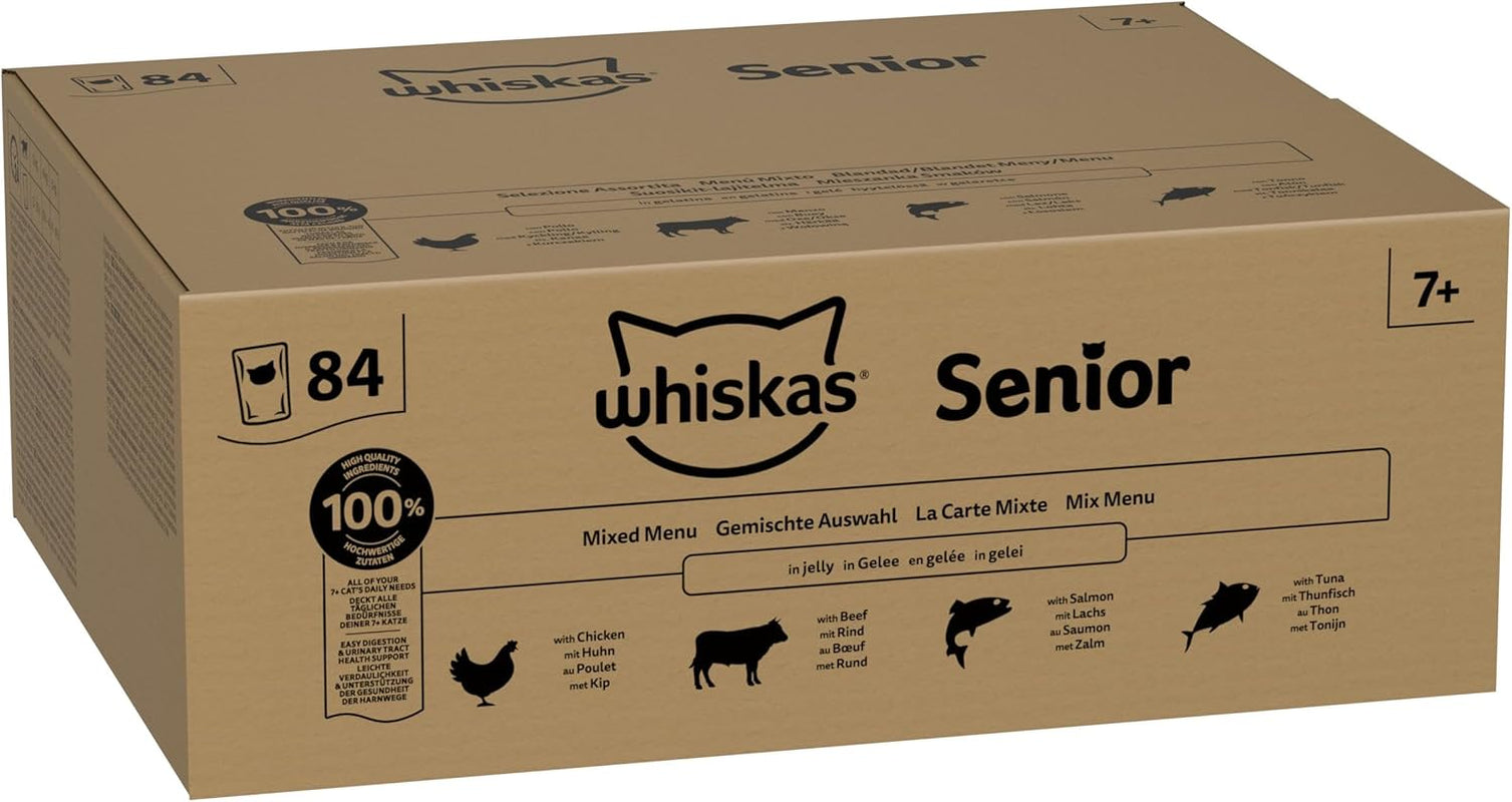 Whiskas Senior 7+ Natvoer Gemengde Selectie in Gelei, 84 Zakjes, 84x85g (1 Grote Verpakking) - Hoogwaardig natvoer voor katten van 7 jaar en ouder