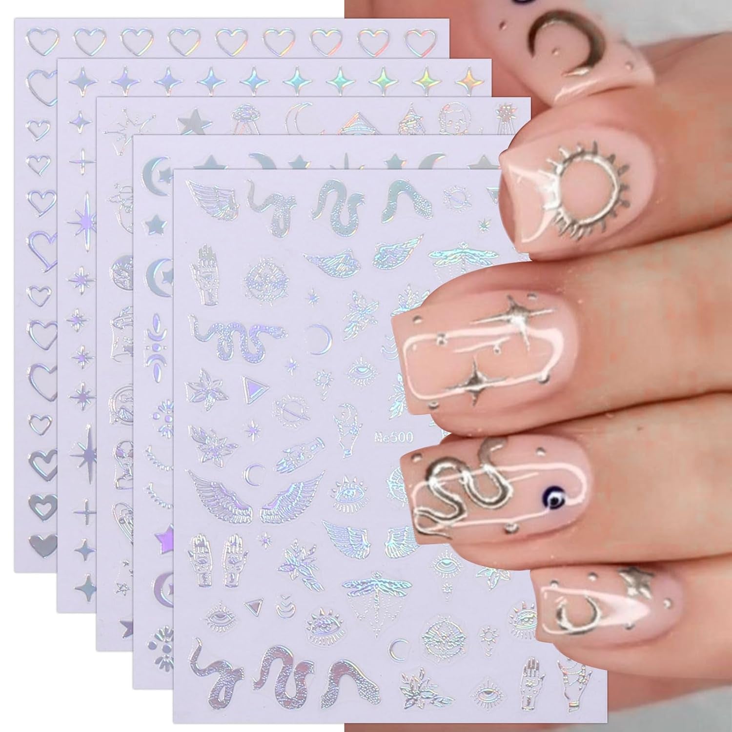 JMEOWIO Nagelsticker Mond Stern Schlange 10 Blatt Nail Art Sticker Selbstklebend Nagelaufkleber Aurora Decoratie Nageldesign Zubehör